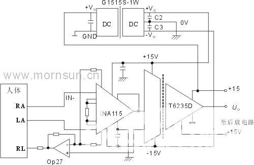 圖2： 隔離型心電檢測前置放大電路