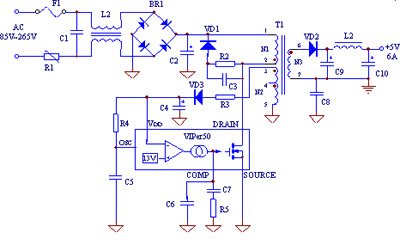 由VIPer50構(gòu)成的通用型開(kāi)關(guān)電源電路