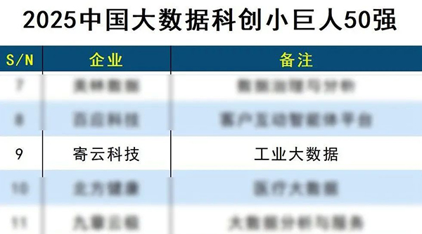 寄云科技實力榮登2025中國大數(shù)據(jù)科創(chuàng)小巨人TOP 9